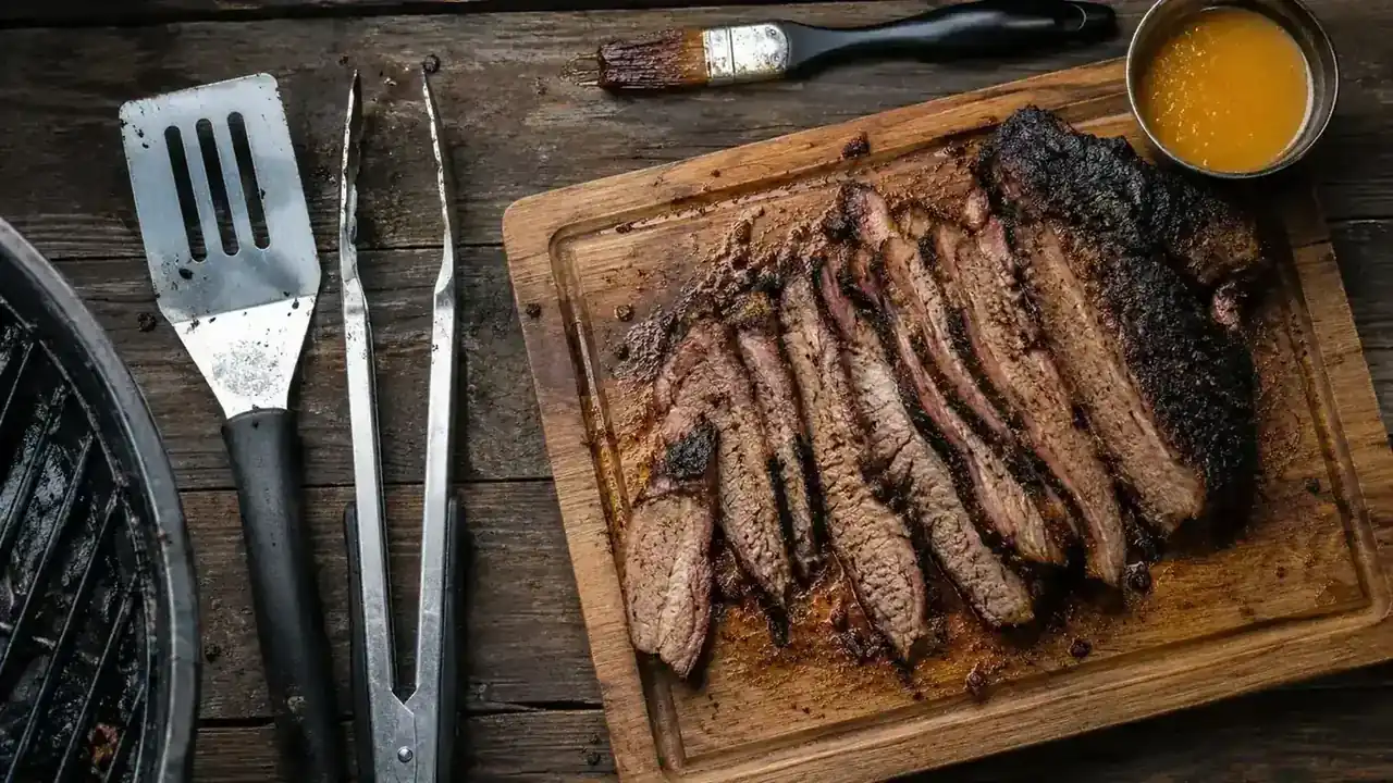 Friends gathered around a backyard grill at a cookout, pitmaster serving food with proper grill tools