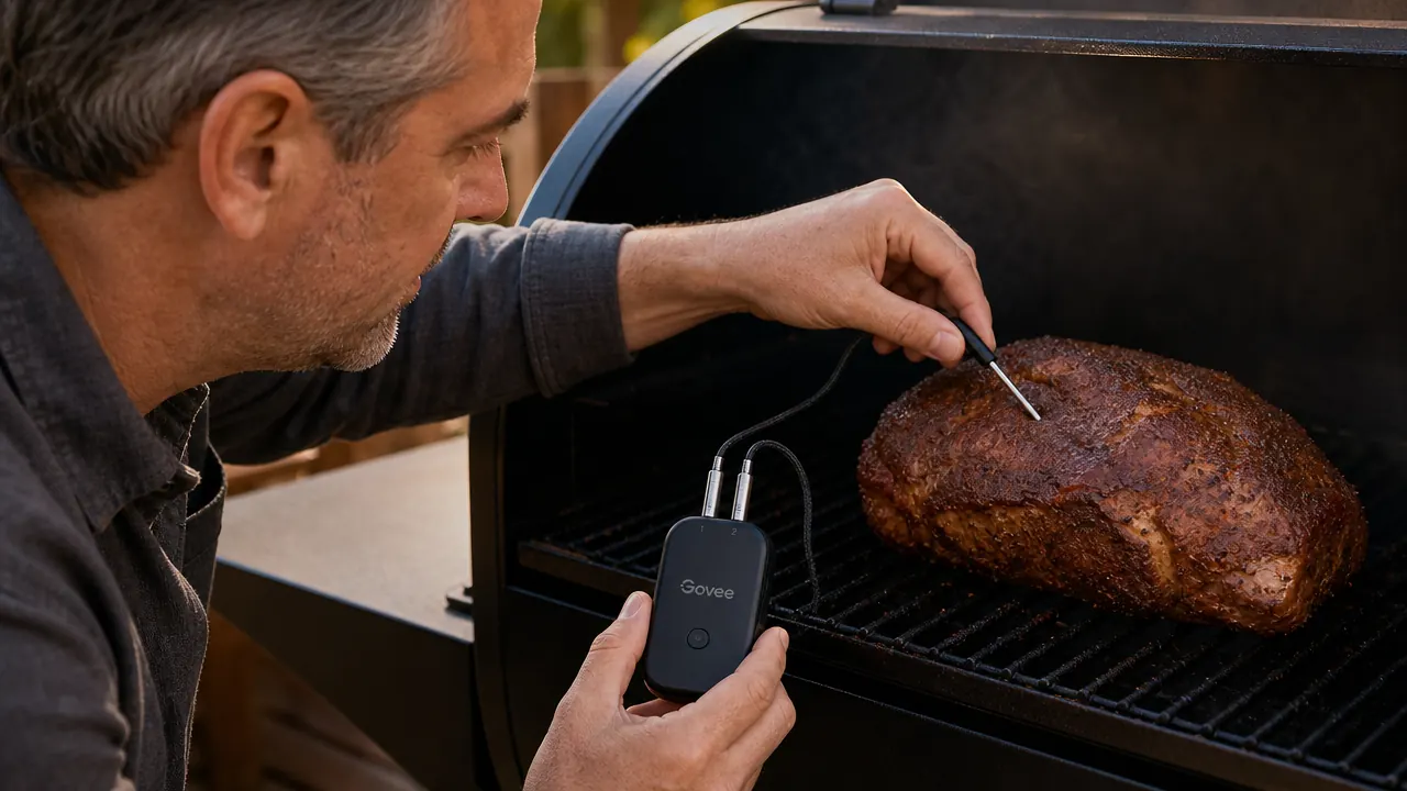 Hand inserting a Govee probe into a pork butt sitting on smoker grates