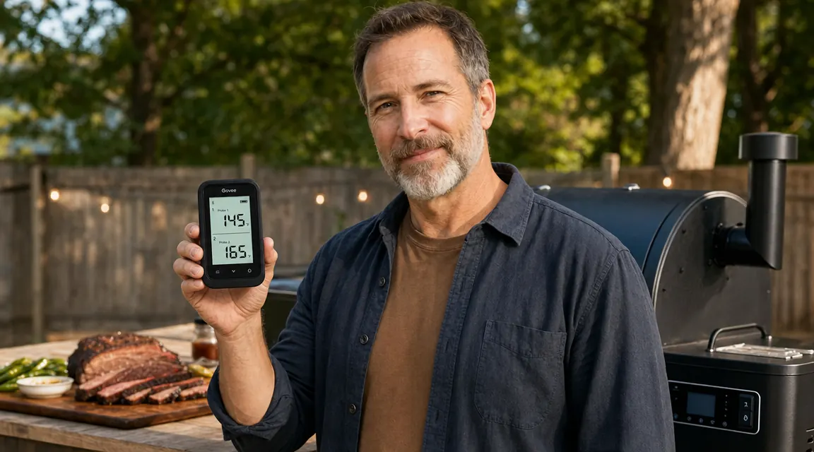 Govee Bluetooth meat thermometer probes inserted into a brisket on a pellet smoker grate