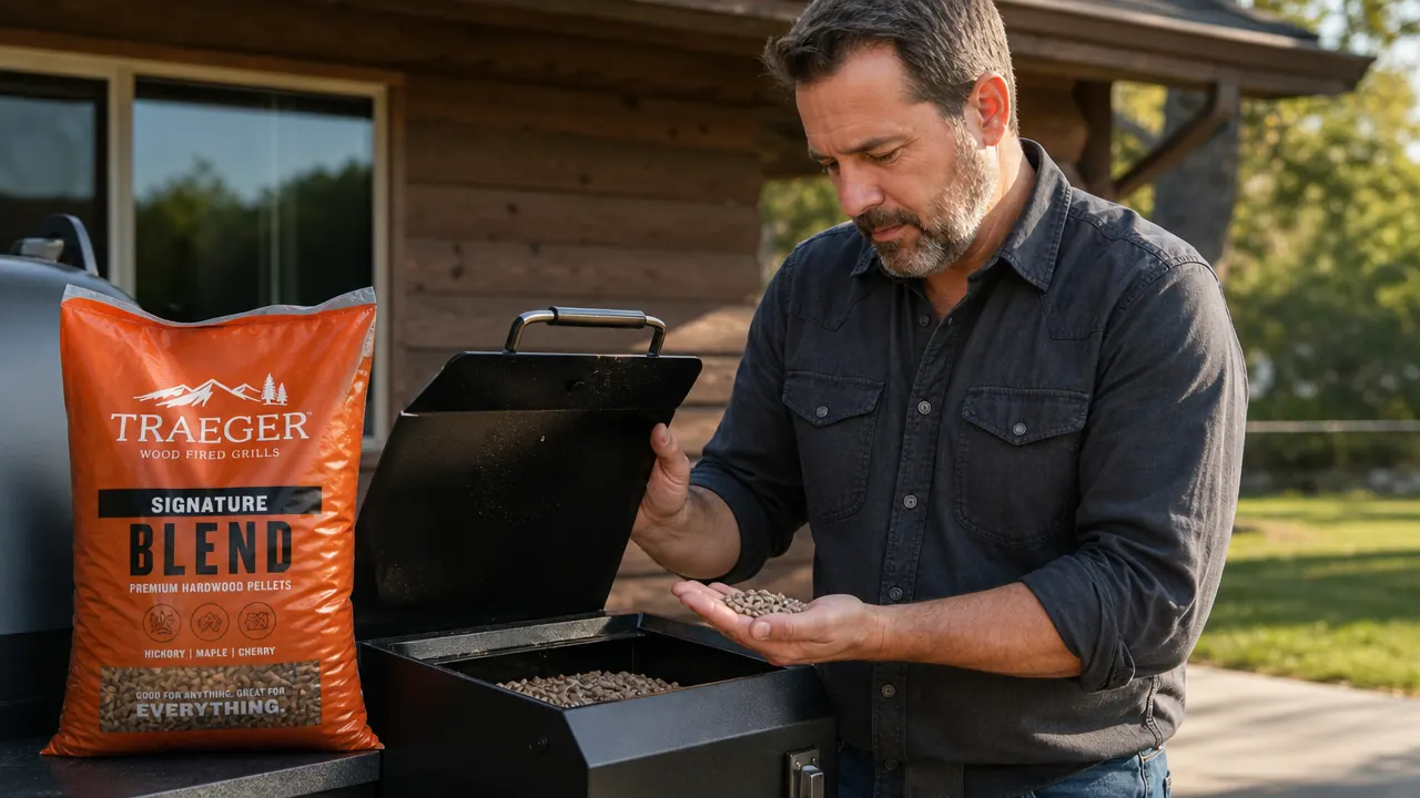 Hand pouring Traeger Signature Blend wood pellets into a pellet grill hopper outdoors