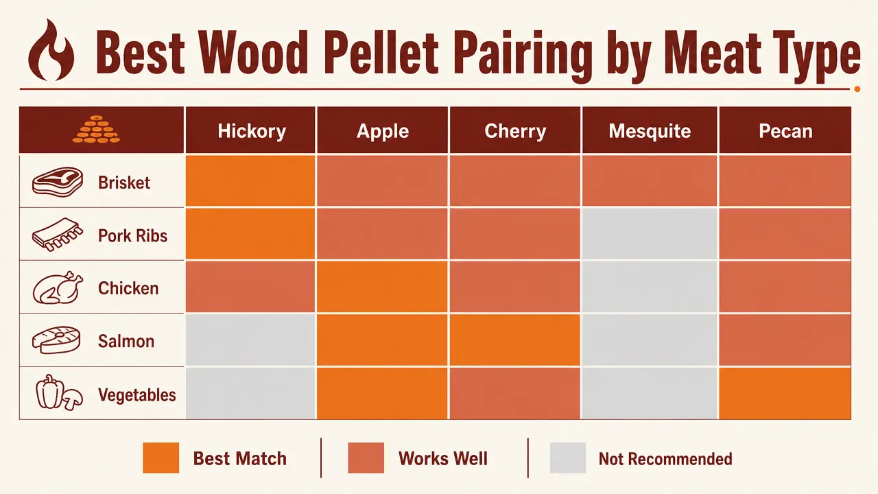 Wood pellet smoke flavor intensity chart showing mesquite and hickory as strong, apple and cherry as mild, and blend in the middle