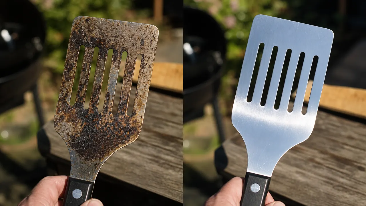 BBQ tool set stored neatly in a zippered carrying case on a garage shelf