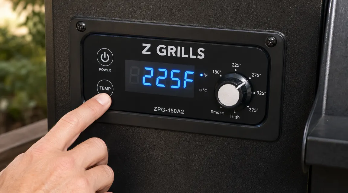 Z Grills pellet grill temperature display showing 225 degrees with smoke coming from the chamber