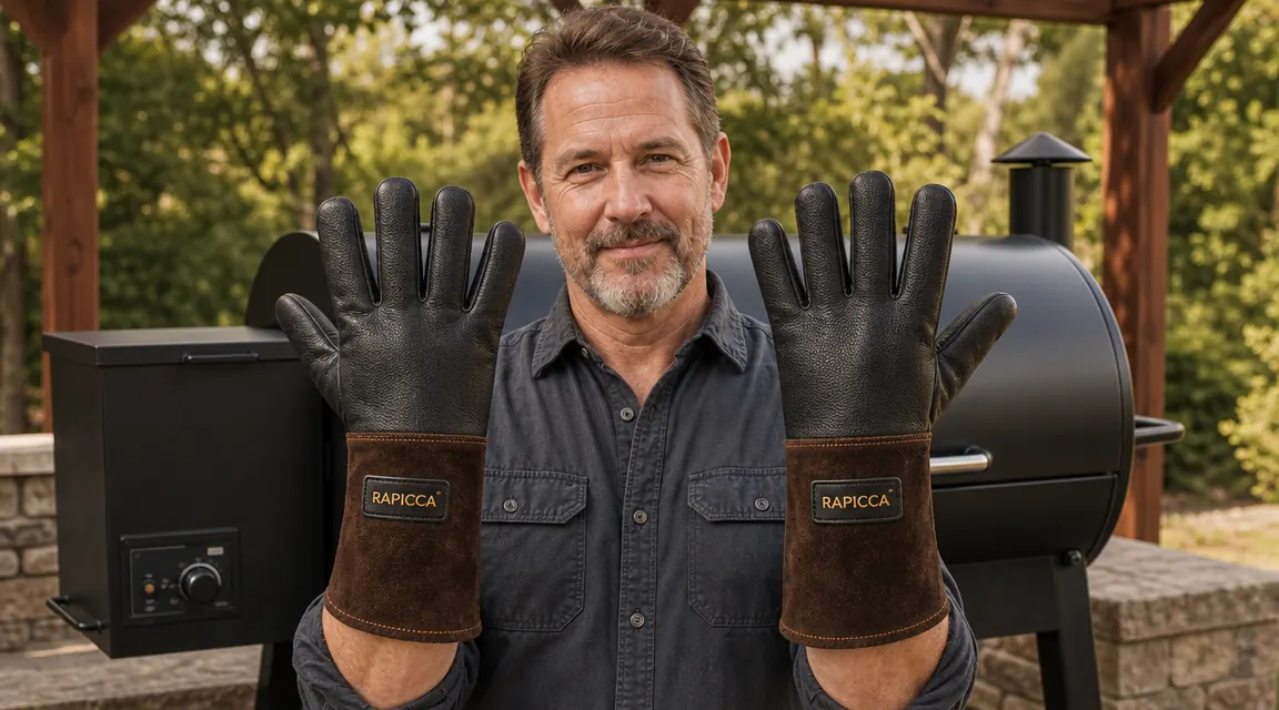 Close-up of the silicone grip texture on the palm of a RAPICCA BBQ glove, showing nubbed silicone pattern on black fabric