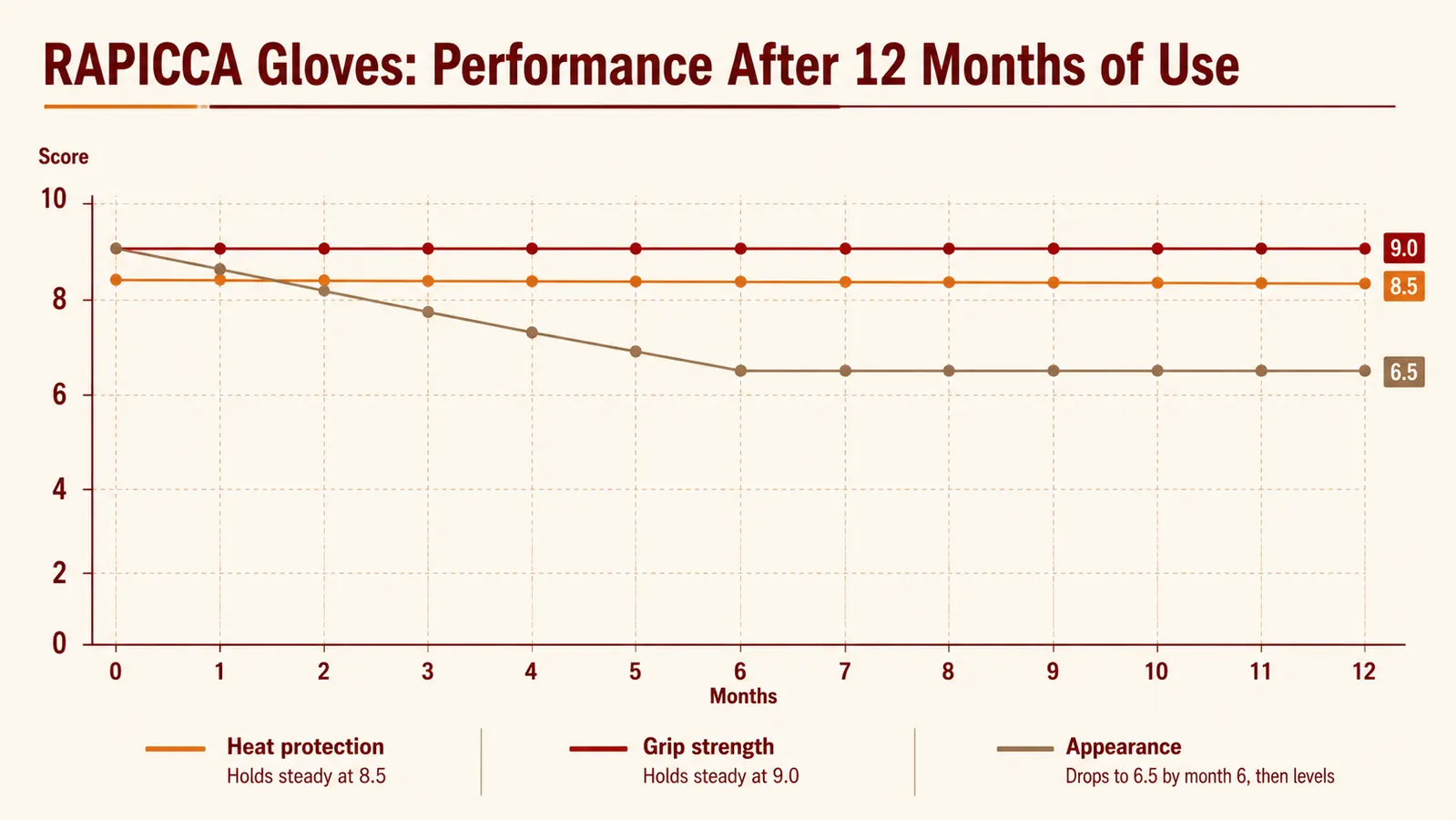Chart comparing heat protection across three grill types for RAPICCA gloves during a six-month season