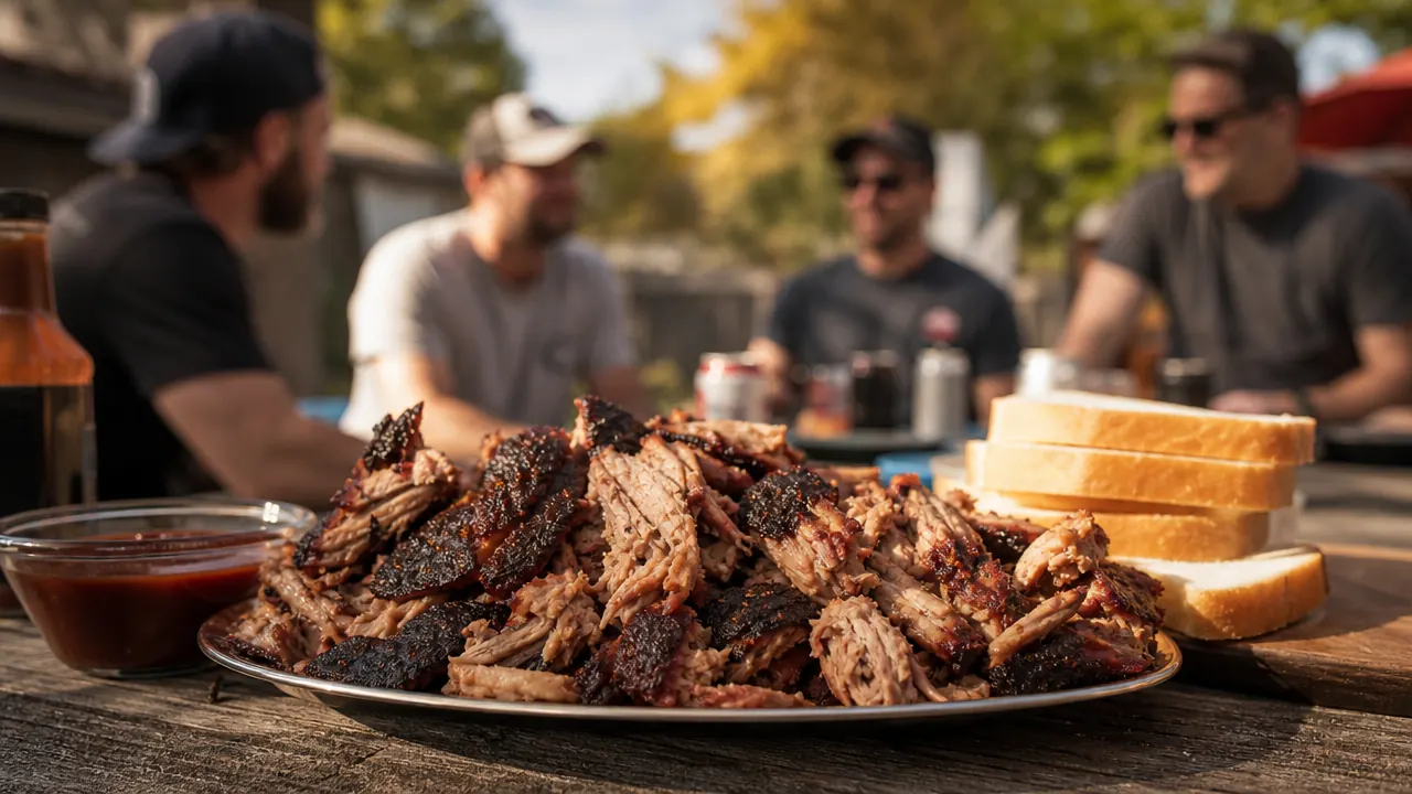 Close-up of BBQ gloves resting on a picnic table next to a pulled pork sandwich and a cold drink