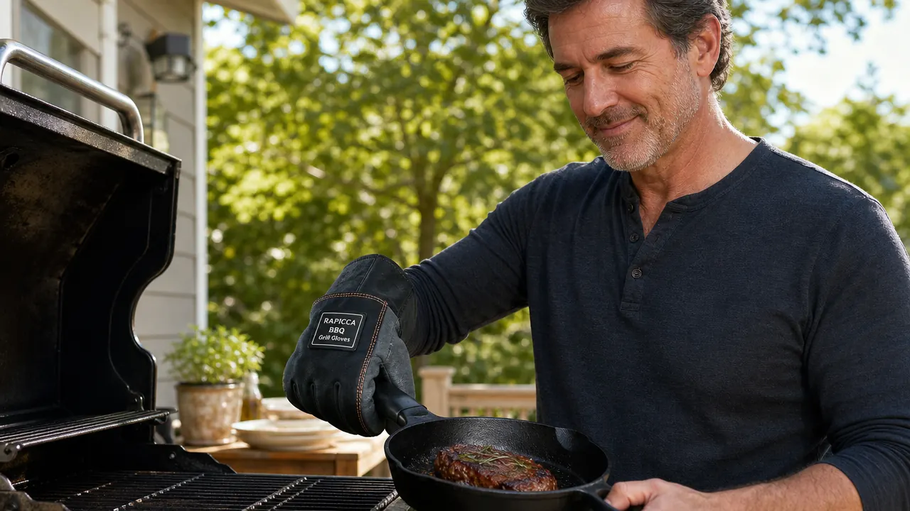 Close-up of RAPICCA gloves gripping a hot cast iron grate with silicone fingertips visible