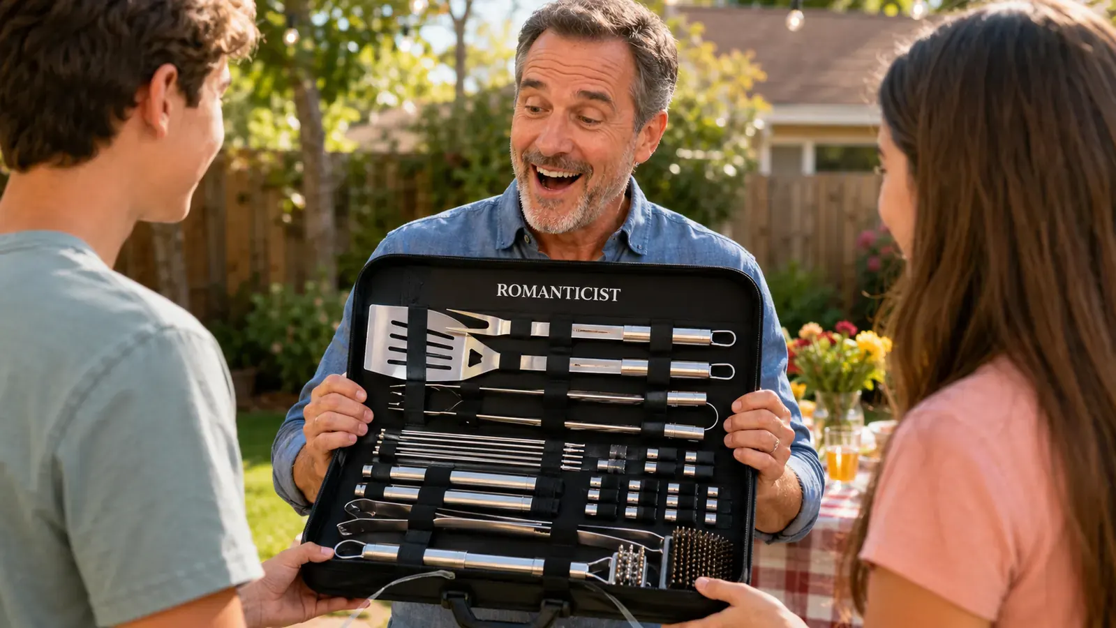 The ROMANTICIST 23-piece BBQ grill accessories set laid out in its black carrying case on a picnic table