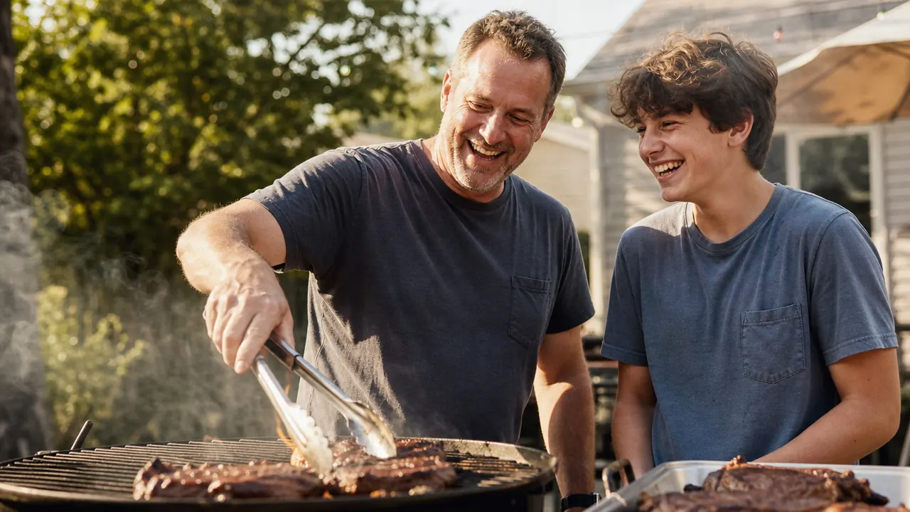 An older man using a long stainless steel spatula to flip burgers on a charcoal grill