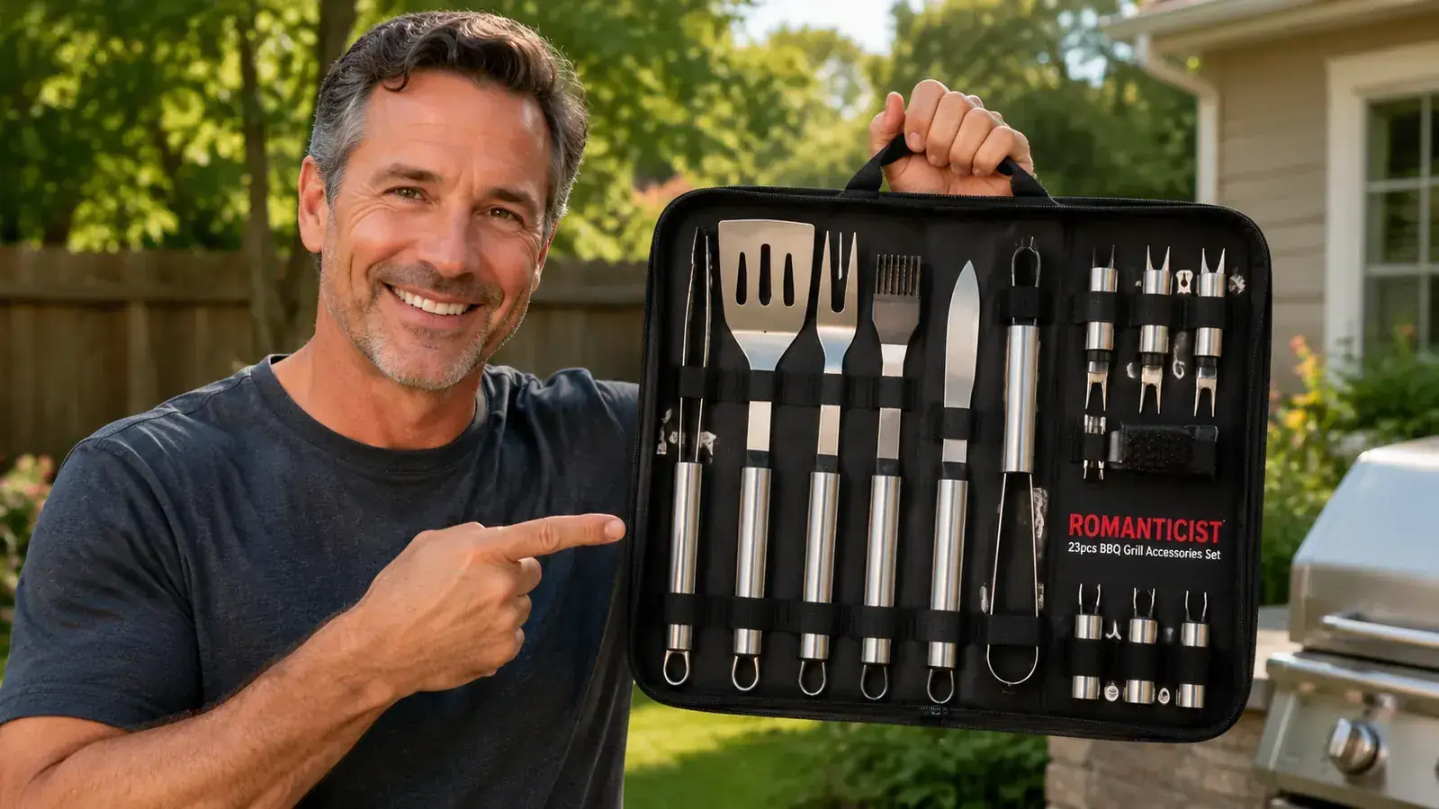 ROMANTICIST BBQ set spatula and tongs being used on a grill with burgers