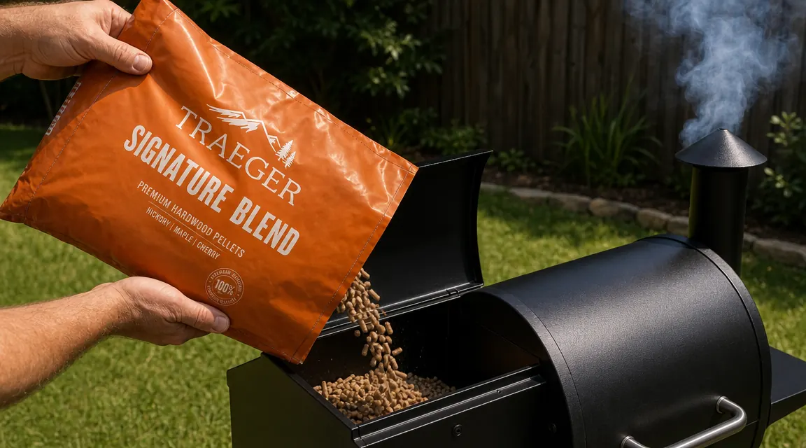 Hand pouring Traeger Signature Blend wood pellets into a grill hopper