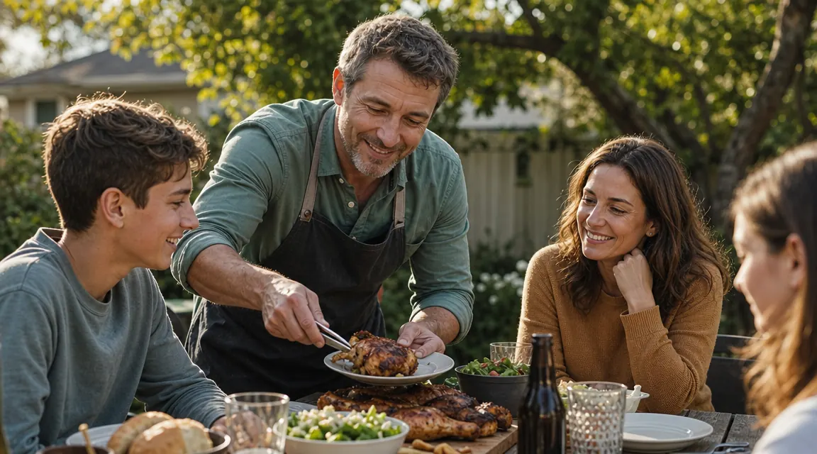 Backyard pitmaster at a grill sharing ribs with family at a picnic table