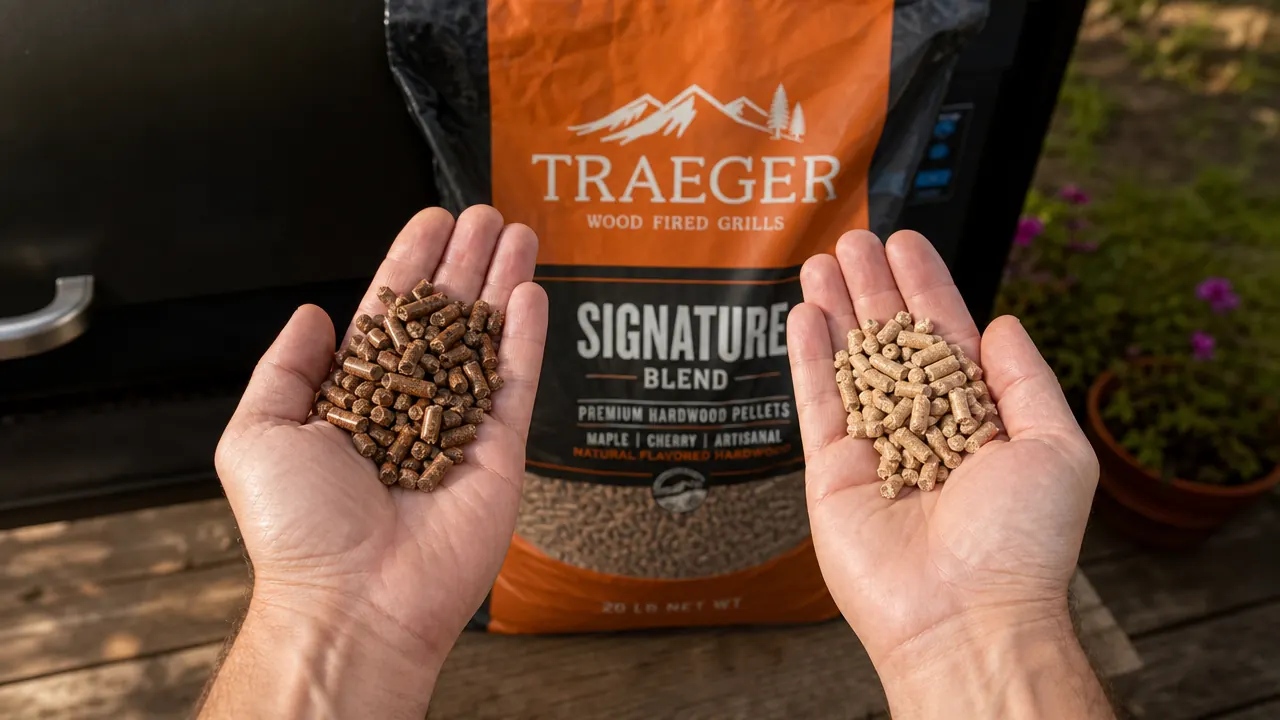Hand scooping Traeger Signature Blend pellets into a pellet grill hopper