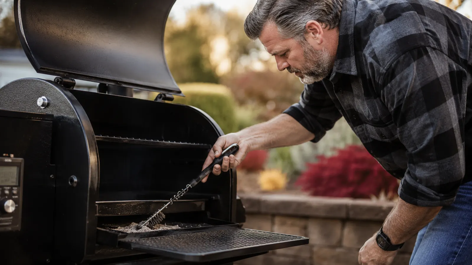 Sliced brisket with a deep smoke ring on a wooden cutting board, surrounded by BBQ tools