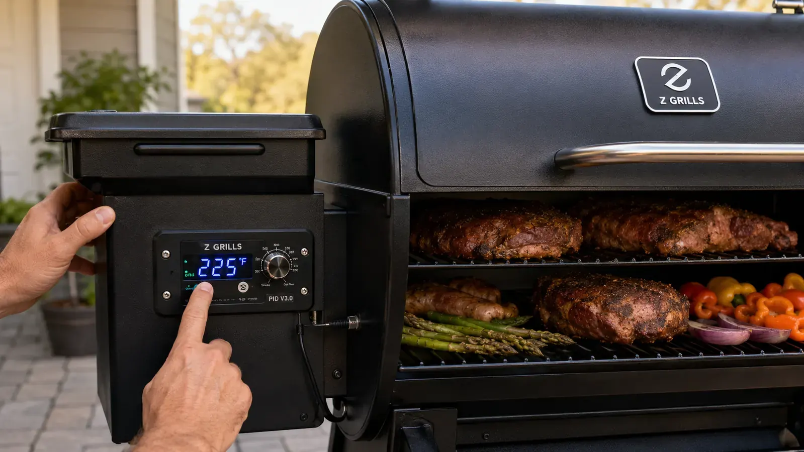 Hand pressing buttons on the Z Grills ZPG-450A2 digital PID controller panel showing temperature readout